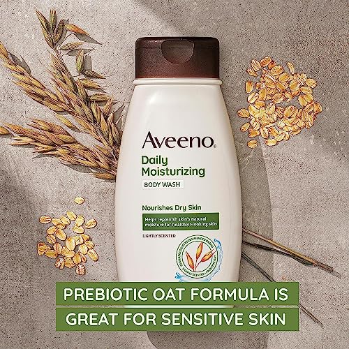 Aveeno Daily Moisturizing Body Wash for Dry & Sensitive Skin with Prebiotic Oat, Hydrating Oat Body Wash Nourishes Dry Skin & Gently Cleanses, Light Fragrance, Sulfate-Free, 18 fl. Oz, 2 Pack